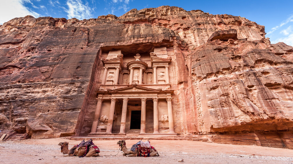 Camels resting in front of Al Khazneh (The Treasury) in Petra