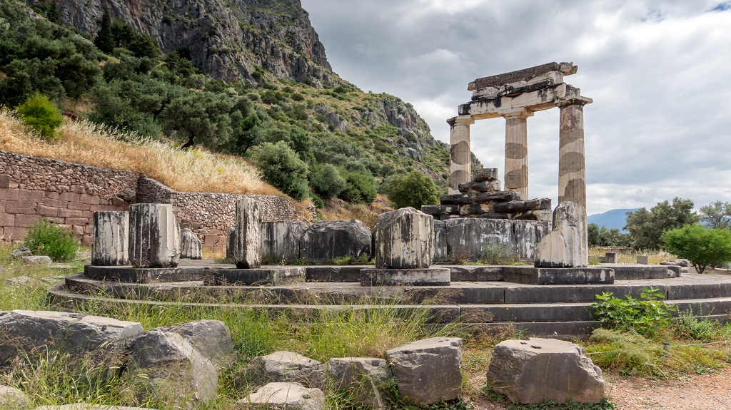 Amazing view of Ruins and Athena Pronaia Sanctuary at Ancient Greek archaeological site of Delphi, Greece