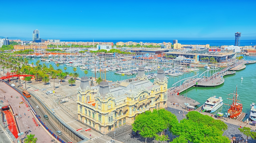 Panorama from the monument to Christopher Columbus on the Barcelona Sea Port. Catalonia. Spain.