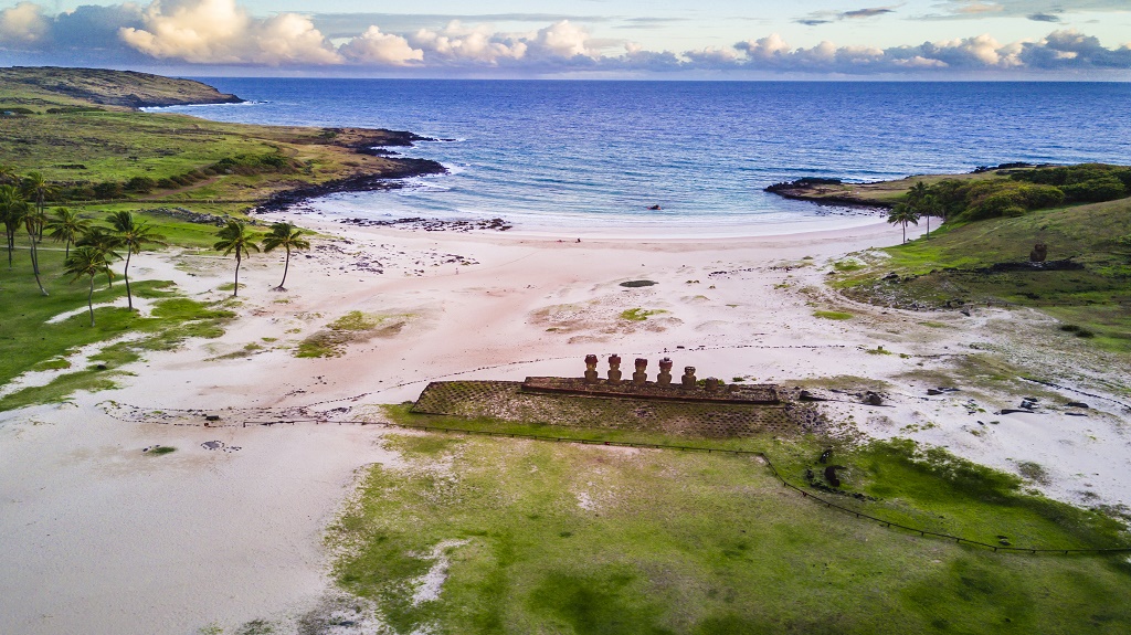 Anakena Beach from the air, an aerial view of the most famous beach at Easter Island and maybe the best one in Chile