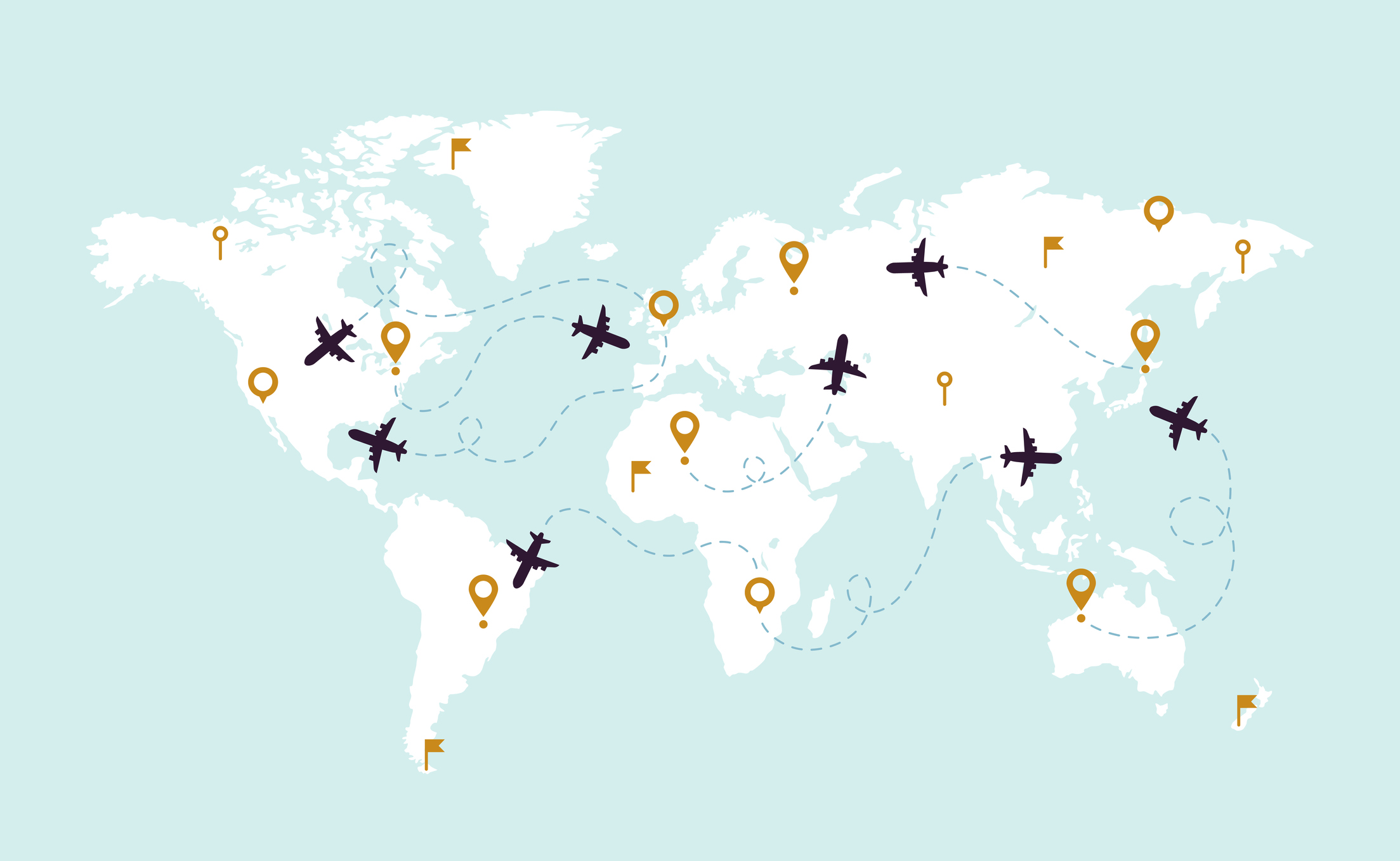 World map plane tracks. Aviation track path on world map, airplane route line and travel routes vector illustration