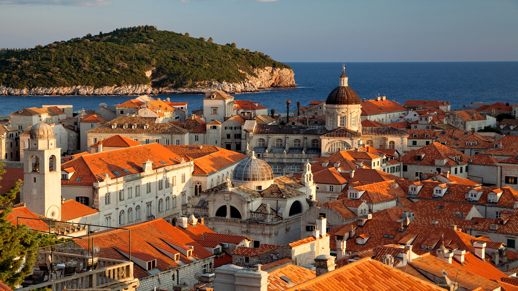 Dubrovnik, Dalmatia, Croatia – Old town of Dubrovnik at sunset, view from the fortress wall