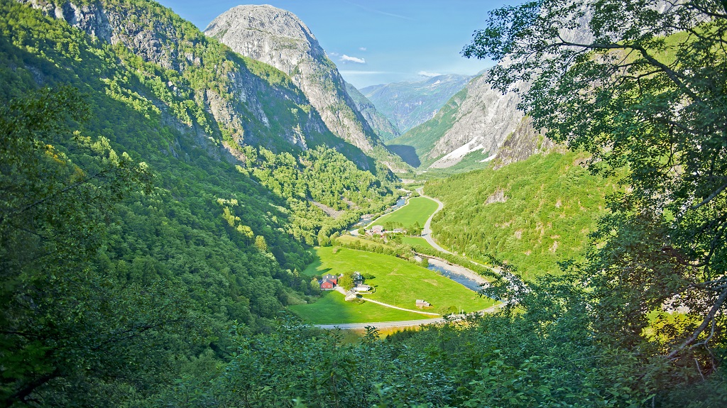 Norwegian landscapes on the Stalheimskleiva Road during a bus ride