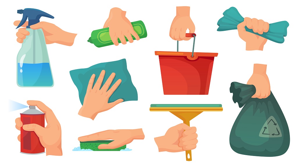 Cleaning products in hands. Hand hold detergent, housework supplies and cleanup rag cartoon vector illustration set