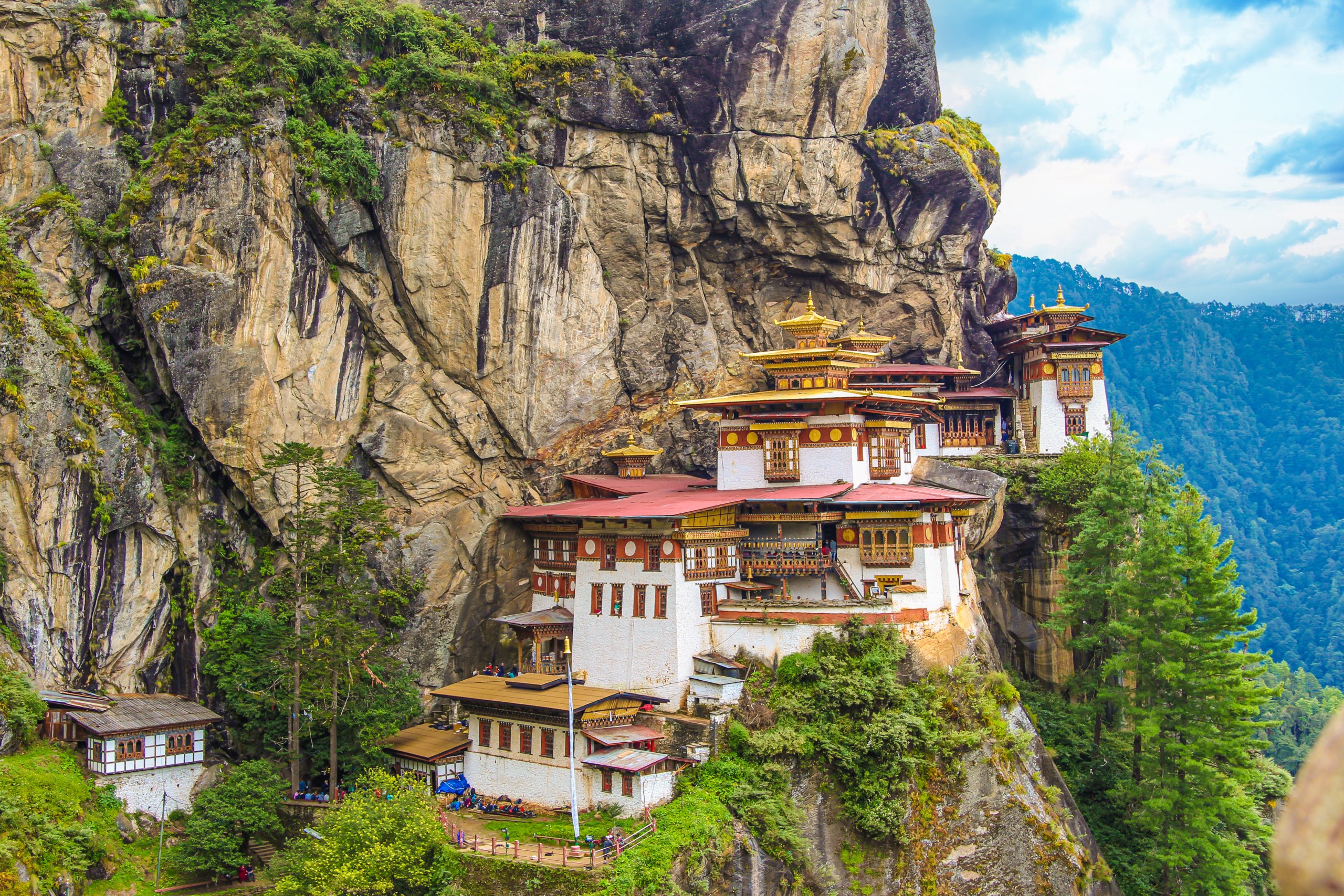 view of the Tiger’s Nest monastery also known as the Paro Taktsang and the surrounding area in Bhutan.