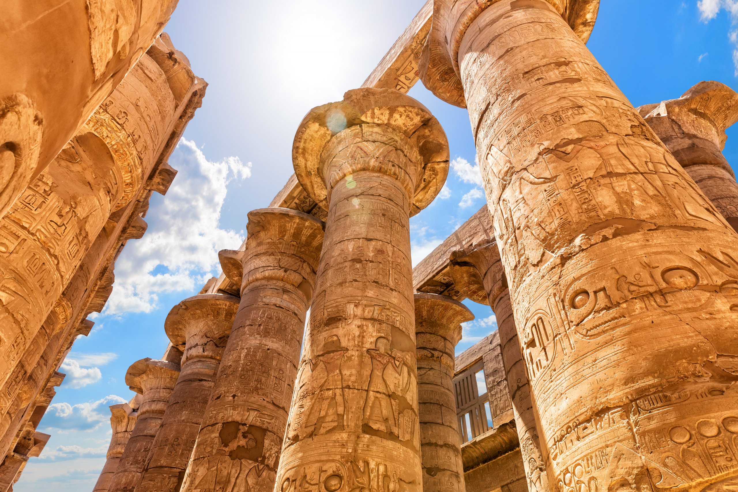 Great Hypostyle Hall, columns with ancient carvings, Karnak Temple, Luxor, Egypt