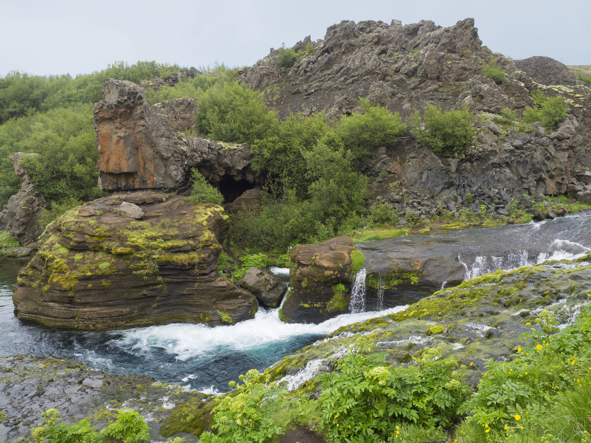 Iceland Beautiful Valley Gjain with colorful lava rocks, green vegetatio