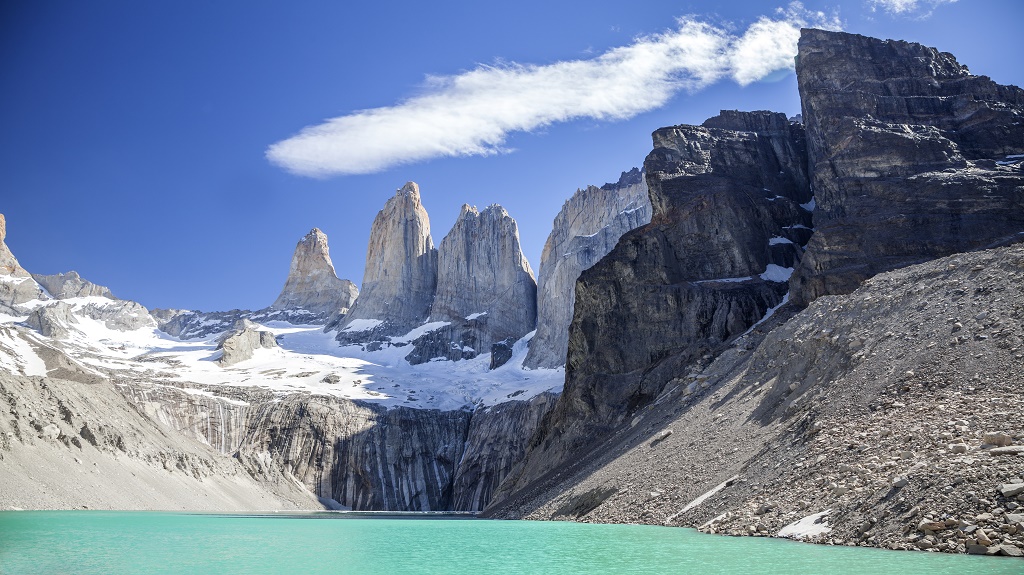 Torres del Paine mountains and lake.