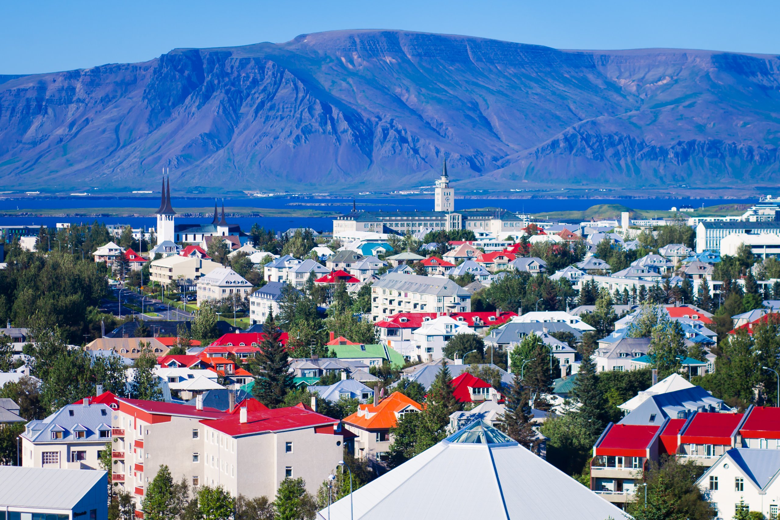 Beautiful wide-angle aerial view of Reykjavik, Iceland harbor and skyline