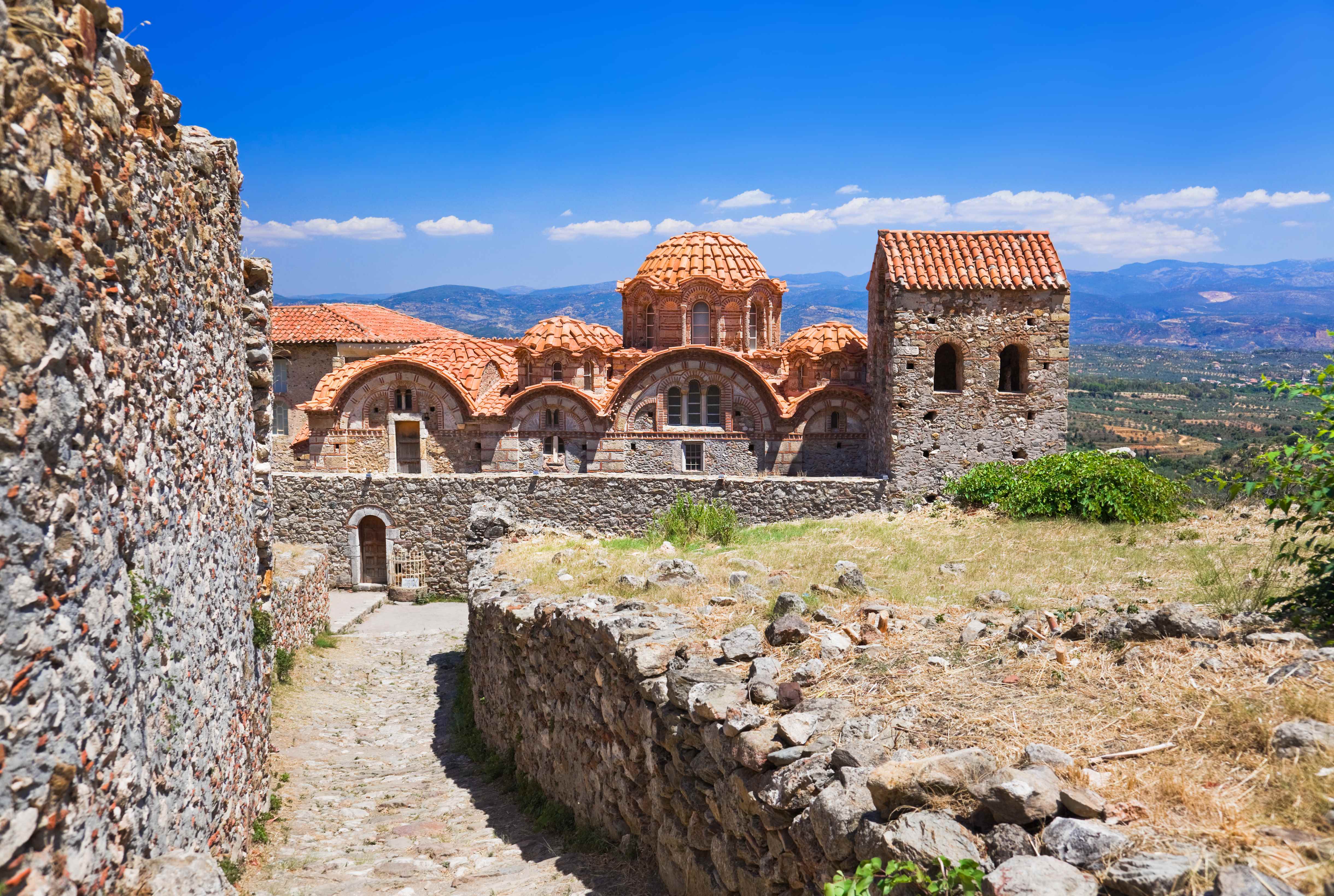 Ruins of old town in Mystras, Greece – archaeology background