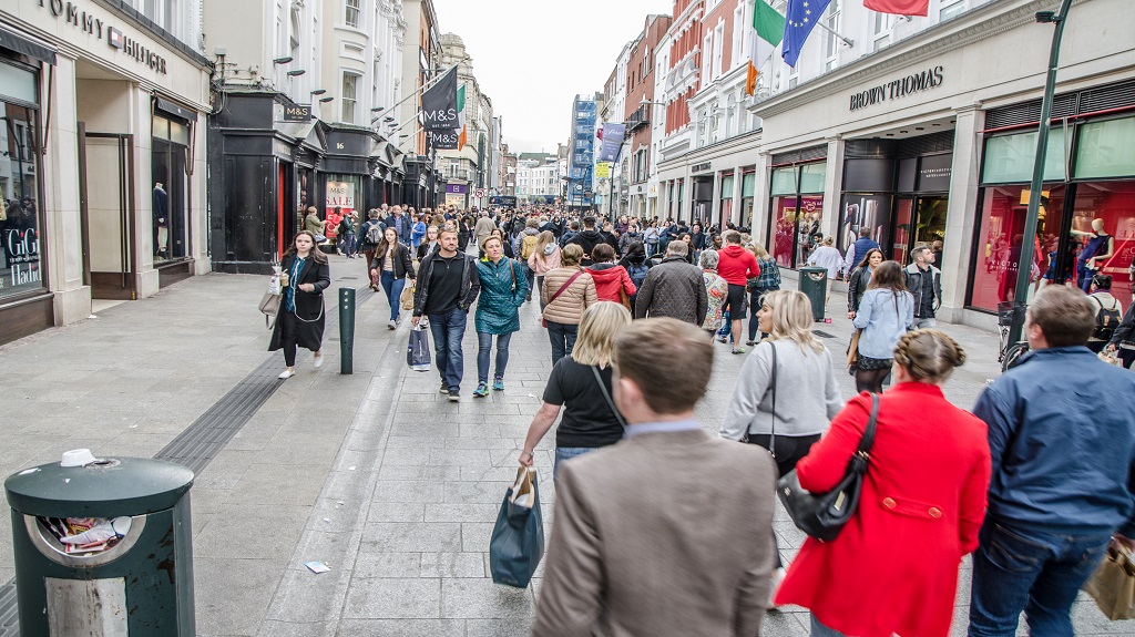 Crowd on Grafton Street in Dublin during day of autumn