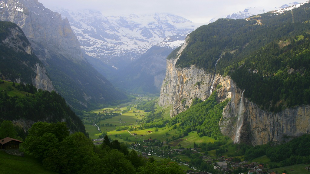 Staubbach falls, Lauterbrunnen idyllic Valley alpine countryside, Swiss Alps, Wengen