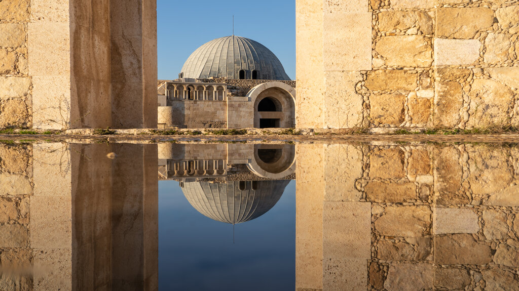 Reflection of Umayyad mosque, Roman ancient city in Amman capital city of Jordan