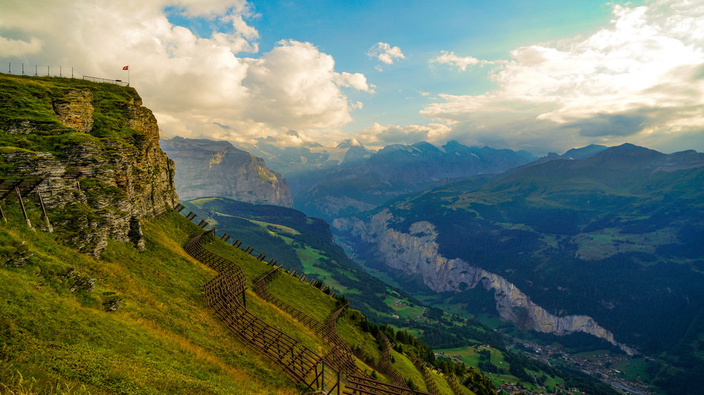 A high angle view of the Lauterbrunnen valley from Mannlichen mountain in the Swiss Alps