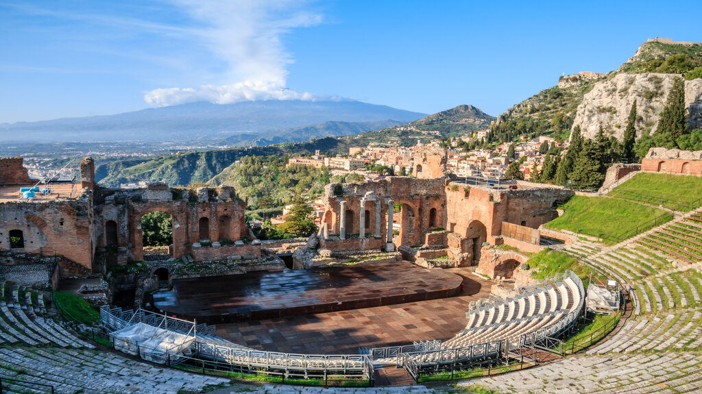 The Greek theatre (Teatro Greco) and Mount Etna, Taormina, Sicily