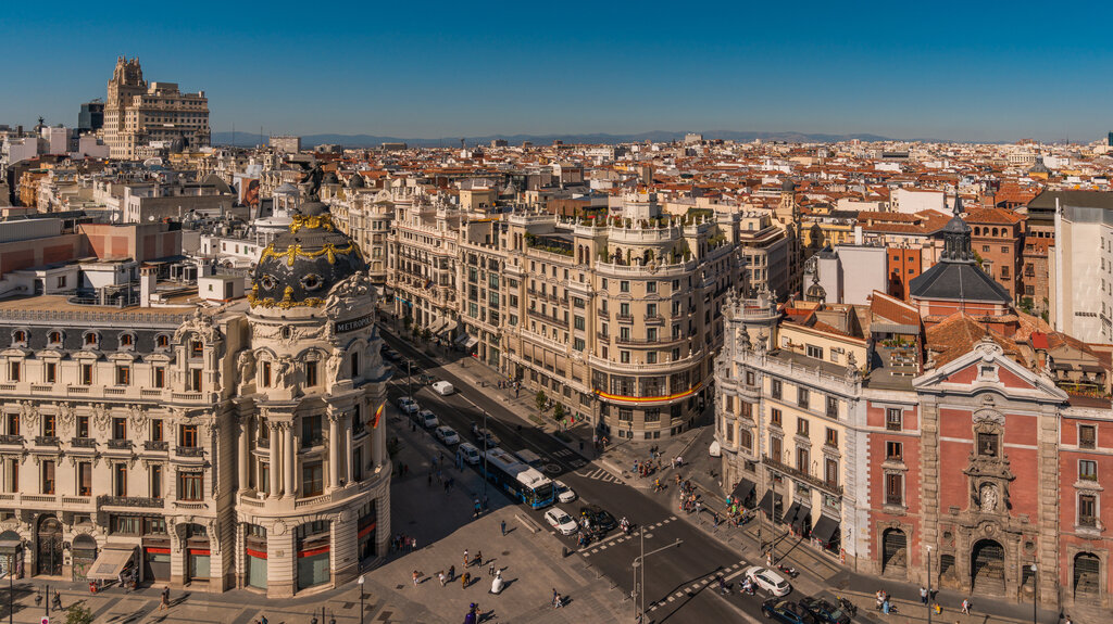 Panoramic view of Gran Via, Madrid, Spain.