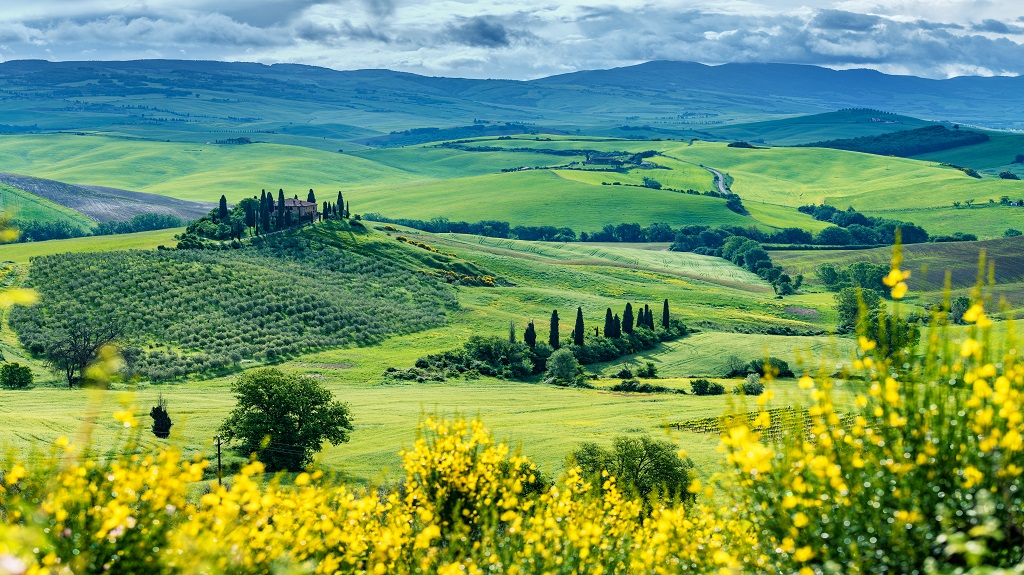 Sunny landscape from Val d’Orcia, Tuscany, Italy